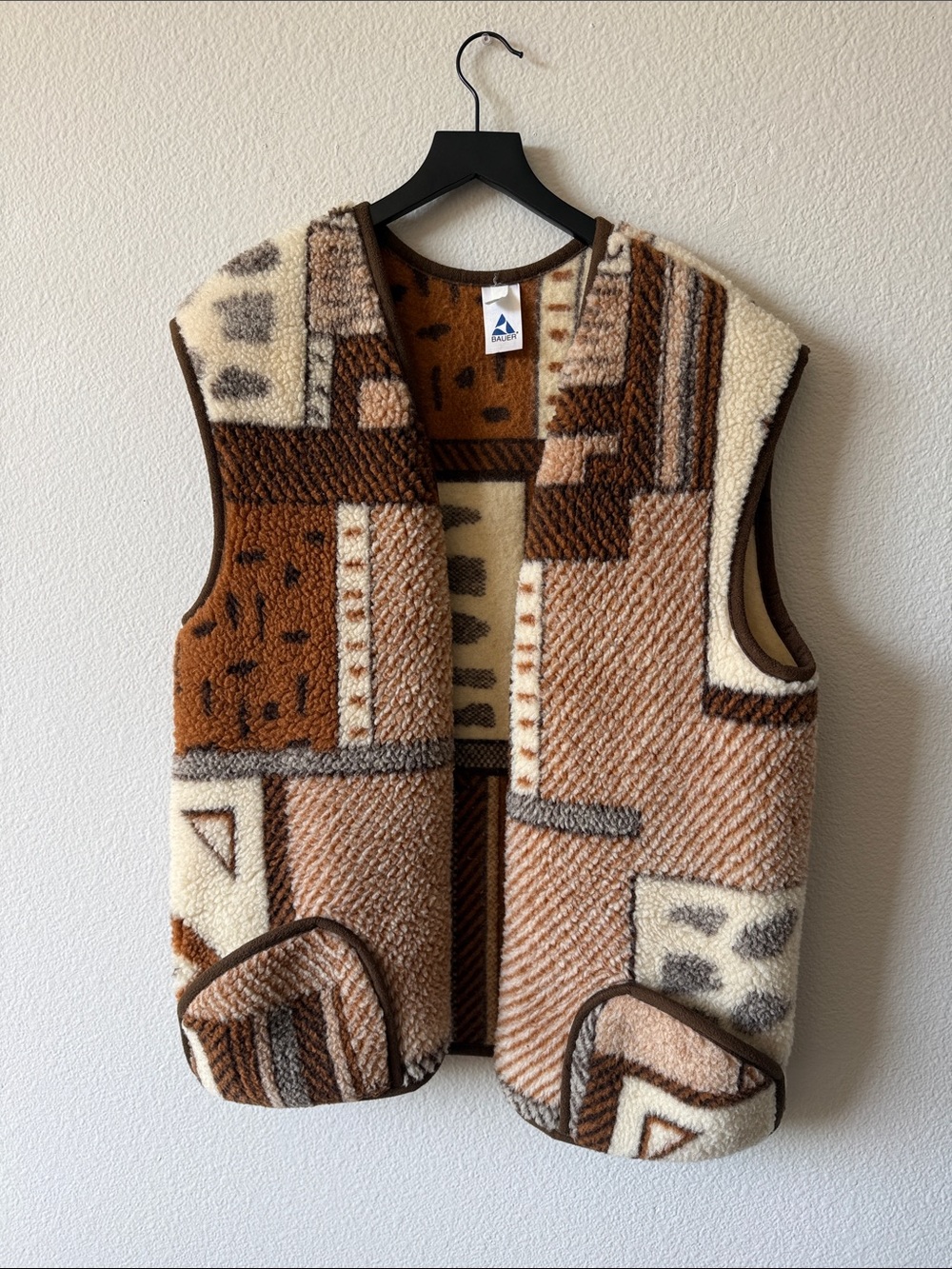 Bauer Men's Zip-Up Sherpa Vest in Brown & Cream Geometric Pattern
